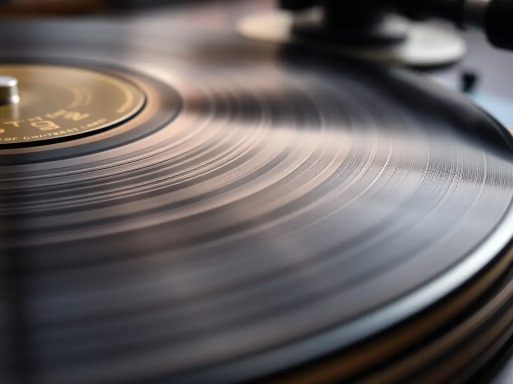 A close-up shot of a vinyl record spinning on a turntable, bathed in warm, ambient light, symbolizing classic and timeless music genres.