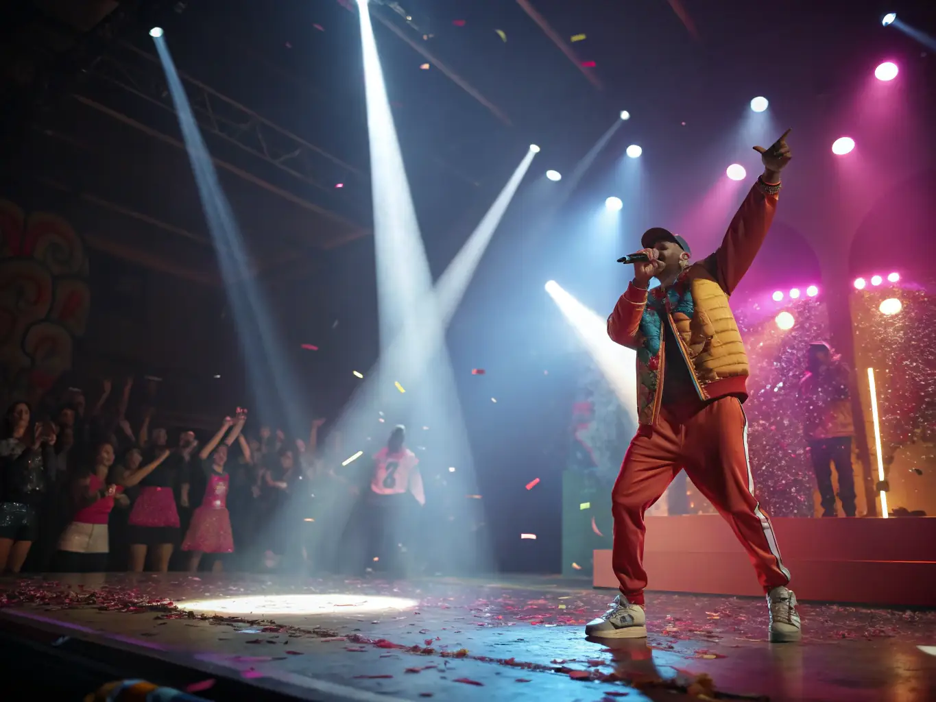 A vibrant and energetic scene of a live pop music performance, with colorful lights and enthusiastic fans, representing modern and upbeat genres.